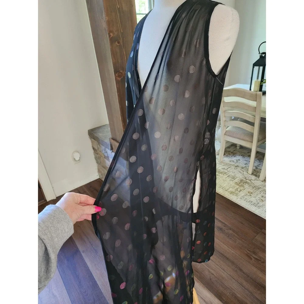 LuLaRoe Shirley Kimono Vest Small Black Iridescent Dots Sheer Long Duster‎ Goth